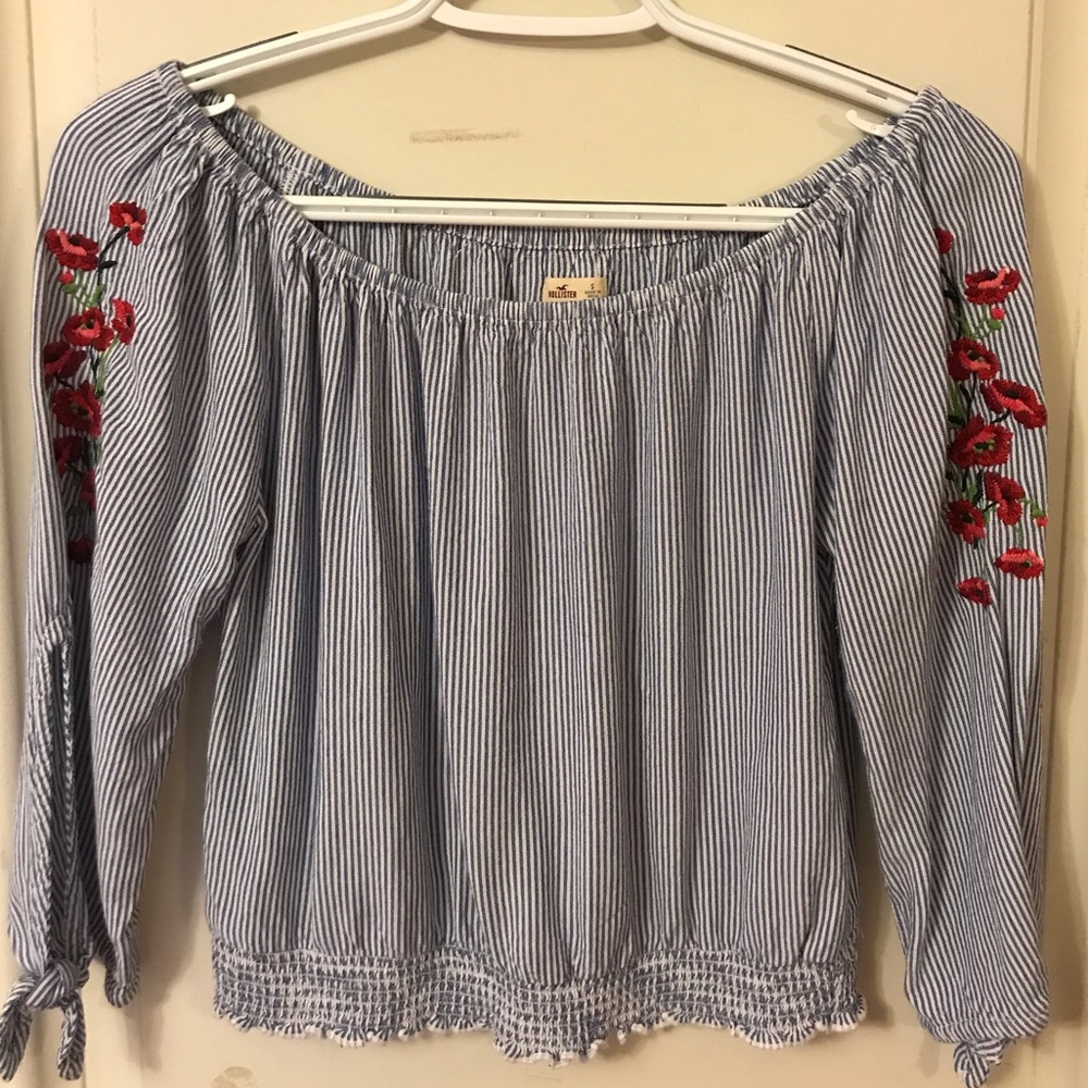 Hollister cropped pin striped blouse w/ embroidery